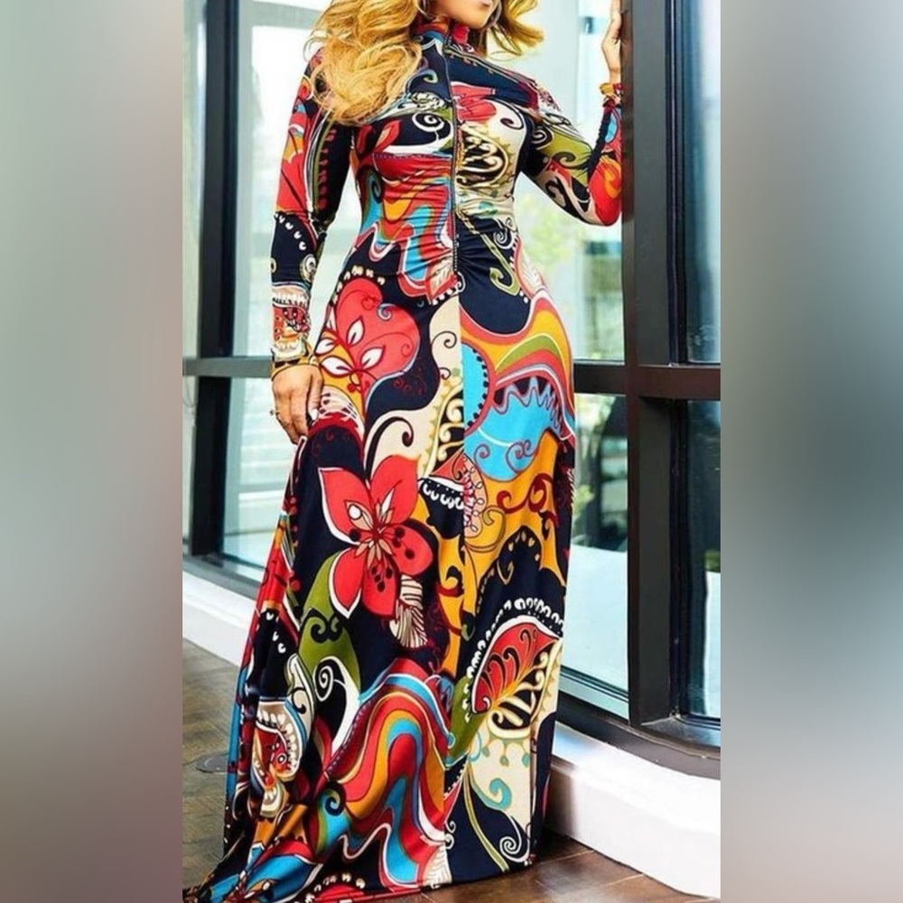 GRAPHIC FLORAL PRINT ZIPPER DESIGN MAXI DRESS